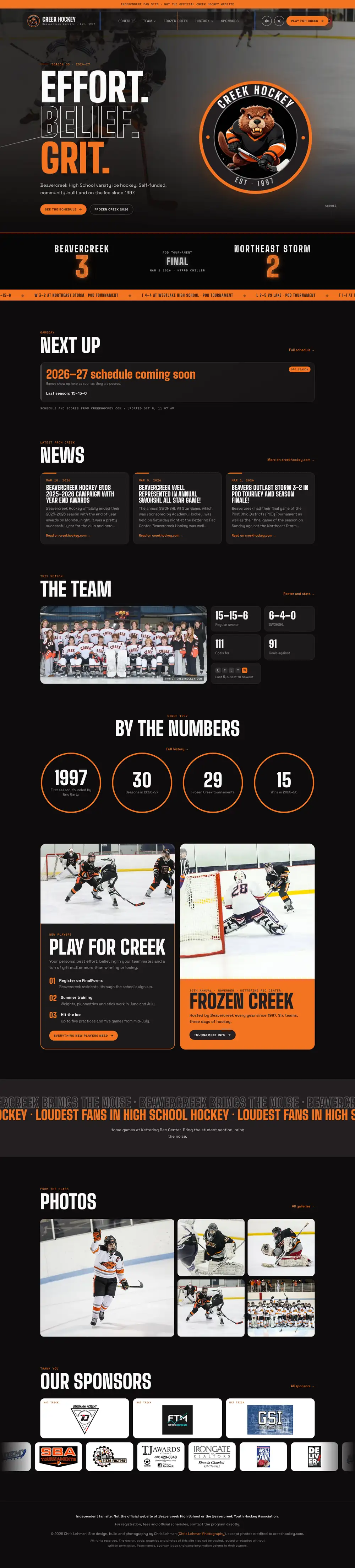 Creek Hockey concept in dark mode, top to bottom