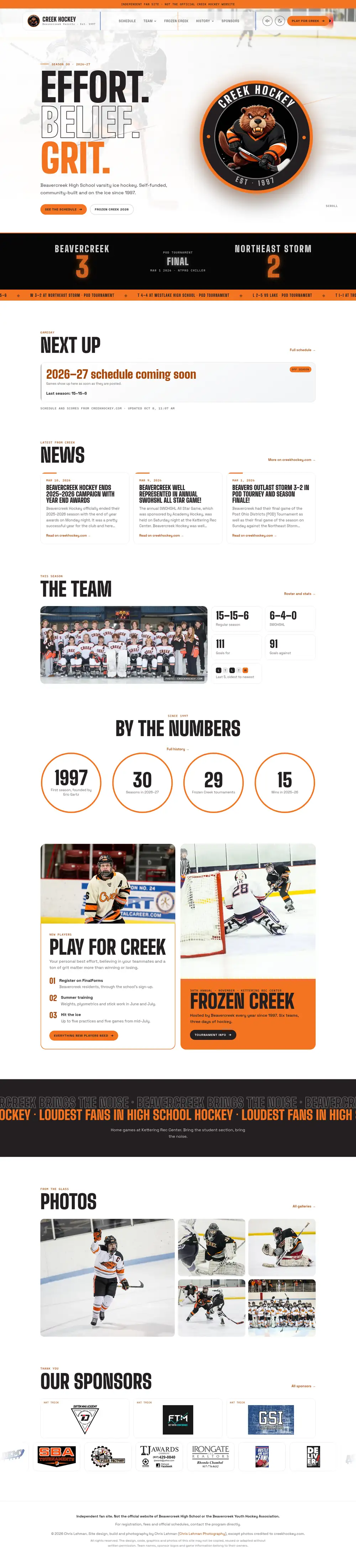 Creek Hockey concept in light mode, top to bottom