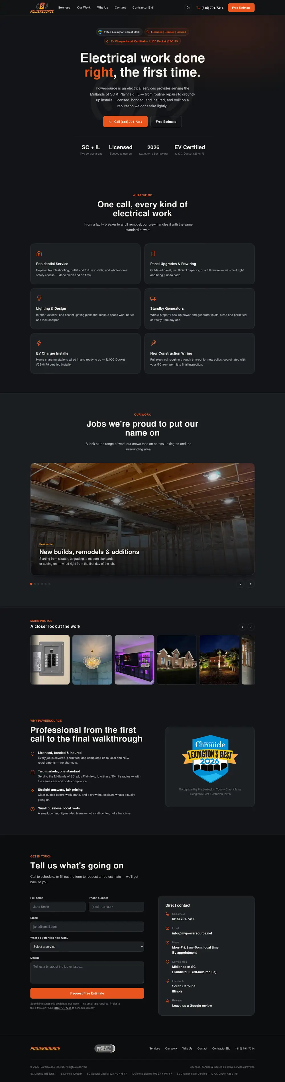 Powersource Electric in dark mode, top to bottom
